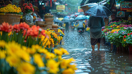 Naklejka premium life in Vietnam. Unknown street vendor in the rain