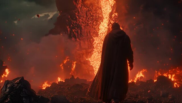 A figure in front of a volcanic eruption, capturing the dramatic force of nature