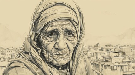 St. Teresa of Calcutta Serving Poor in Streets of Calcutta, Biblical Illustration, Beige Background, Copyspace
