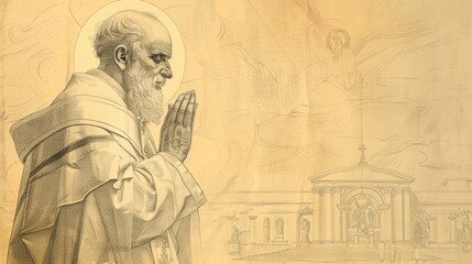 Fototapeta premium St. Leo the Great in Prayer in 5th-Century Church, Biblical Illustration, Beige Background, Copyspace