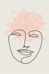 Card or poster with one single line drawing of female face and abstract shapes. Monochrome minimalist portrait. Modern trendy fashion sketch of woman head