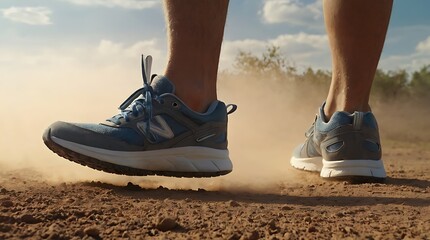 Naklejka premium erson is shown tying the laces of a blue and yellow running shoe while