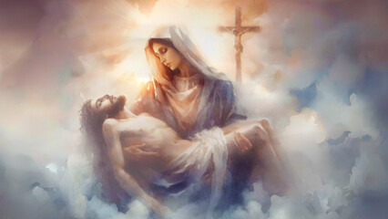 Loving mother Mary holding Christ's body in the sky, sixth sorrow. , hazy, Watercolor cross in the background. Digital art illustration 