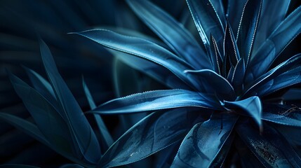 Close-up shot of an agave plant showcasing its dark blue leaves in intricate detail.