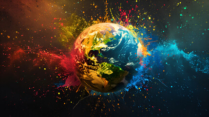  Earth day Globe sphere earth in colorful splash on a black background ai generative