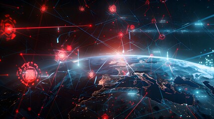 A digital visualization of global cybersecurity networks with red nodes and connecting lines, illustrating internet security threats.