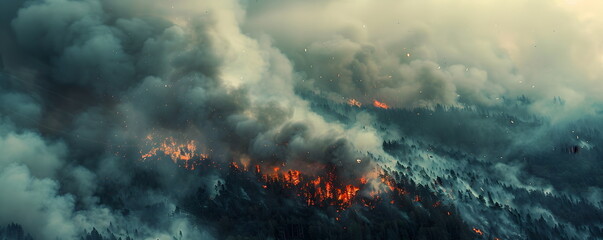Burning forest. Plumes of smoke and flames erupt from the forested mountain range. Top view of a forest fire. Ecological catastrophy.