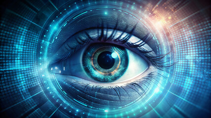 Digital illustration of a blue, fractal eye glowing at the end of a futuristic tunnel