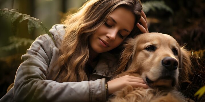 Sad woman finds comfort in dogs embrace coping with depression through pet. Concept Depression, Coping Mechanism, Pet Therapy