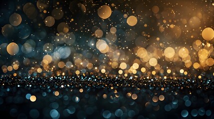 Abstract background with golden and blue bokeh lights creating a festive and sparkling effect.