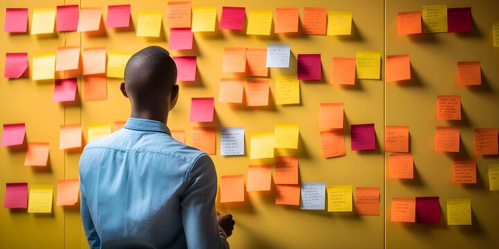 Individual in old shirt using sticky notes in brainstorming meeting. Concept Brainstorming Sessions, Sticky Note Ideas, Creative Inspiration, Casual Business Attire