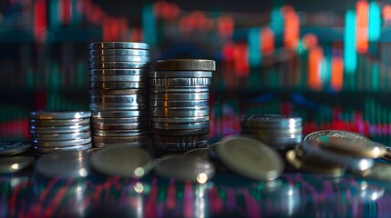 Stacks of coins against a background of financial graphs, representing investment, market analysis, and economic growth.