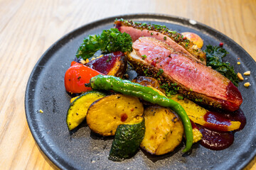 Grilled meat with roasted vegetable