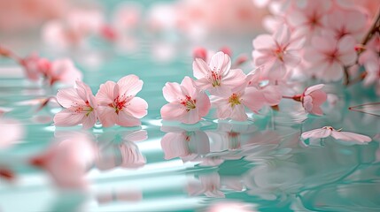 Cherry Blossom Serenity Gentle cherry blossoms float on serene turquoise water, creating a soft and dreamy ambiance, perfect for spring or nature themes