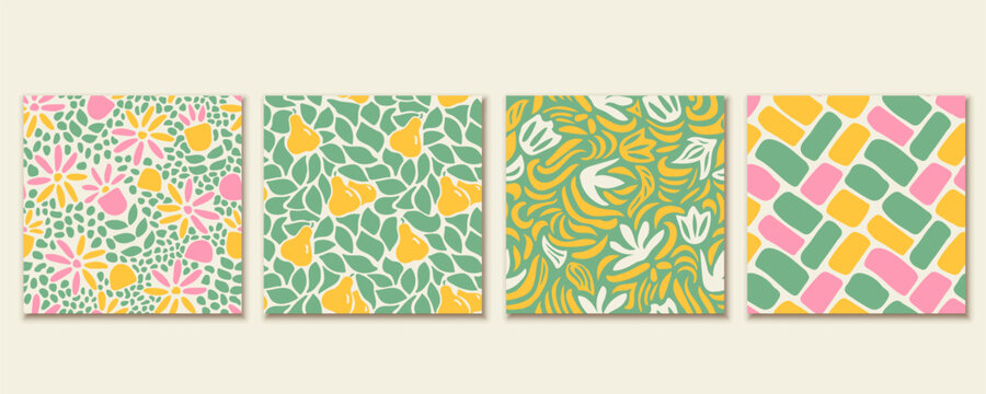 Set of Colorful nature seamless pattern illustration. Hand drawn style floral doodle background, funny basic nature shapes wallpaper