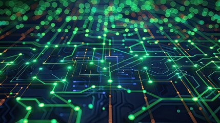 Obraz premium Digital Circuit Board A futuristic digital circuit board with glowing green lines and nodes, illustrating the concepts behind advanced technology and modern electronic engineering