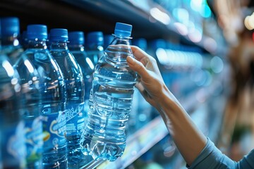 Closeup woman hand taking a plastic water bottle from the shelf in the supermarket