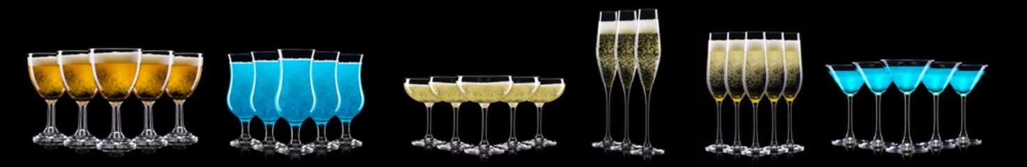 Set of different glasses for drinks and cocktails on black background