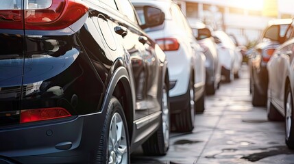 Fototapeta premium Row of Parked Cars in Sunlit Outdoor Space
