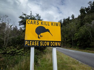 Road sign saying cars kill kiwi. Okarito, Whataroa, West Coast, New Zealand.