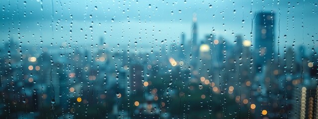 Naklejka premium A window looking out onto a rainy cityscape, with the blurred bokeh capturing the movement of the raindrops.