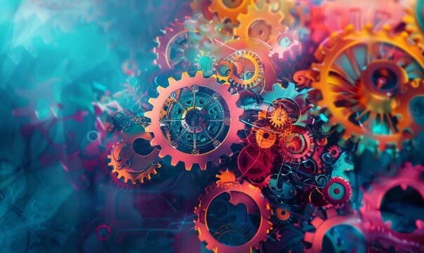 Abstract background with a complex network of colorful cogs and gears.