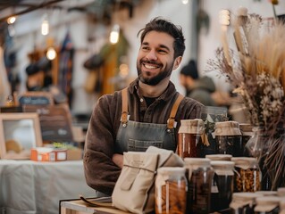 Entrepreneur Showcasing Handmade Products at Cozy Craft Fair Stall for Small Business Growth