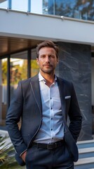 Confident and Charismatic Real Estate Agent Showcasing Luxury Property