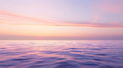 The serene beauty of the ocean at dusk, with the sky awash in shades of lavender and mauve, casting a soft, ethereal light over the calm waters below, tinged with hues of soft pink and apricot.