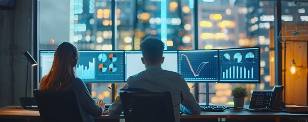 Business Consultants Analyzing Workflow and Optimizing Processes on Multiple Monitors in Urban Office Environment