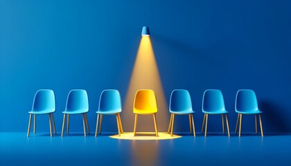 Yellow Chair Spotlighted Among Blue Chairs