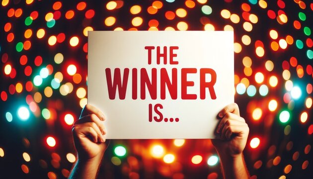 Hands Holding Winner Sign with Colorful Lights