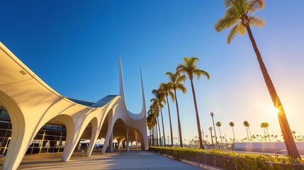 Los Angeles California, USA - May 21, 2017: Exterior view of the iconic Los Angeles International Airport Theme Building, with the sun in the background - Los Angeles California, USA
