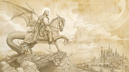 St. George Slaying Dragon in Medieval Landscape, Biblical Illustration, Beige Background, Copyspace