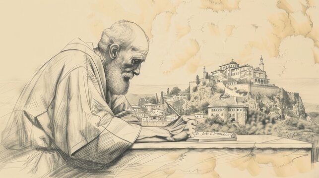 St. John Climacus Writing in 6th-Century Monastery, Biblical Illustration, Beige Background, Copyspace