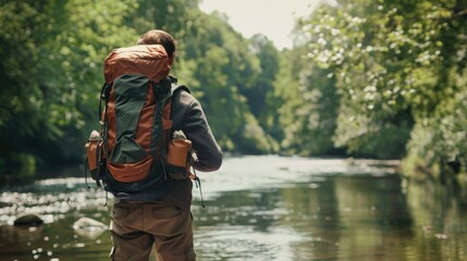 rear view of a tourist young man with a backpack travels through the forest near the river. young man equipped with tourist equipment hiking, lifestyle. active life mode, active rest .AI GENERATION