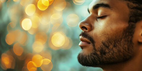 Close up portrait of young man with eyes closed relaxingly praying, meditating on blurred bokeh background, mental health and relaxation concept