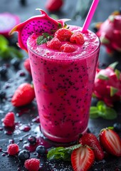 Dragon Fruit Smoothie - Vivid pink with dragon fruit pieces. 