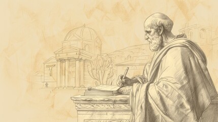 Fototapeta premium St. Irenaeus Writing in 2nd-Century Church, Biblical Illustration, Beige Background, Copyspace