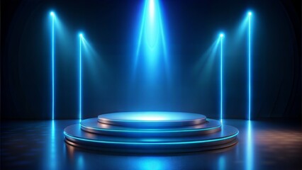 Background podium 3D light neon blue platform stage product abstract. Scene background 3D podium dark pedestal room glow studio empty stand floor night modern circle show space display game led black.