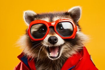 Close up portrait of a raccoon in a superman costume wearing glasses. Funny character for your game or story	
