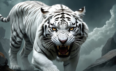 Fantasy Illustration of a wild animal white tiger. Digital art style wallpaper background.