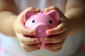 A child is holding a pink piggy bank. The piggy bank is smiling, which suggests that the child is happy to have it