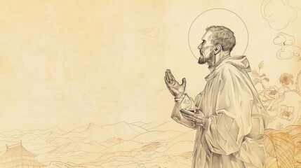 Naklejka premium St. Francis Xavier Preaching in Asia with Exotic Landscapes, Biblical Illustration, Beige Background, Copyspace