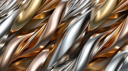 An elegant wallpaper featuring fluid, intertwined stripes in a gradient of metallic gold, silver, and bronze, creating a luxurious and sophisticated visual effect,