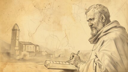 Fototapeta premium St. Hilary of Poitiers Writing in 4th-Century Church, Biblical Illustration, Beige Background, Copyspace