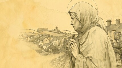 Fototapeta premium St. Julian of Norwich Writing in 14th-Century English Village, Biblical Illustration, Beige Background, Copyspace