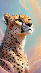 Fantasy Illustration of a wild animal cheetah. Digital art style wallpaper background in pastel colors.