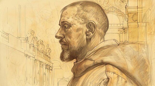 St. Francis Borgia Reflecting in 16th-Century Spanish Court, Biblical Illustration, Beige Background, Copyspace