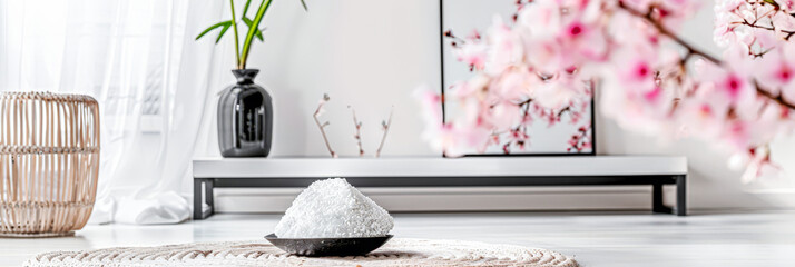 Zen minimalist interiors with pink tones, minimal furniture and natural decor.